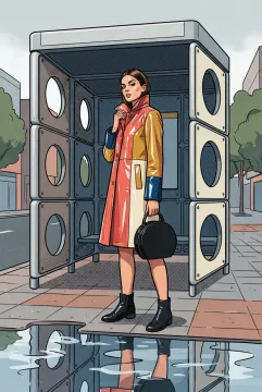 Fashion model wearing a glossy color-block vinyl raincoat beneath a geometric transit shelter in a retro Pop Art street-fashion scene.