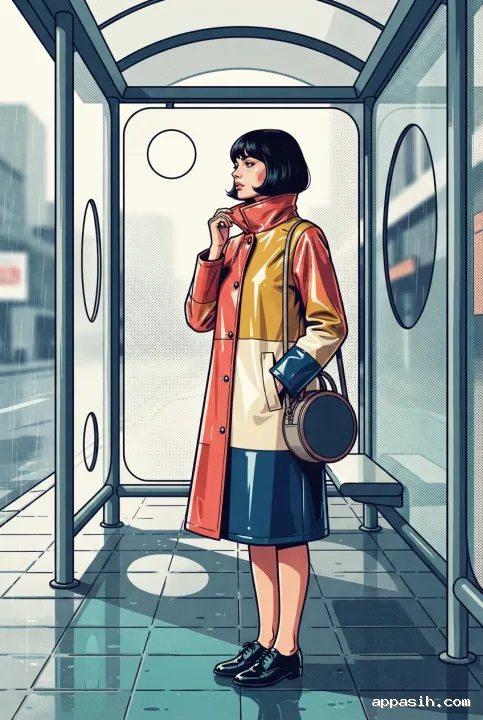 Fashion model lifting the collar of a glossy color-block vinyl raincoat beneath the same geometric transit shelter, shown from a lower three-quarter angle in retro Pop Art style.