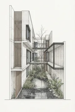 Line art drawing of a narrow contemporary courtyard house with stepped concrete volumes, covered walkways, tropical planting, and a central rain garden in light rain.