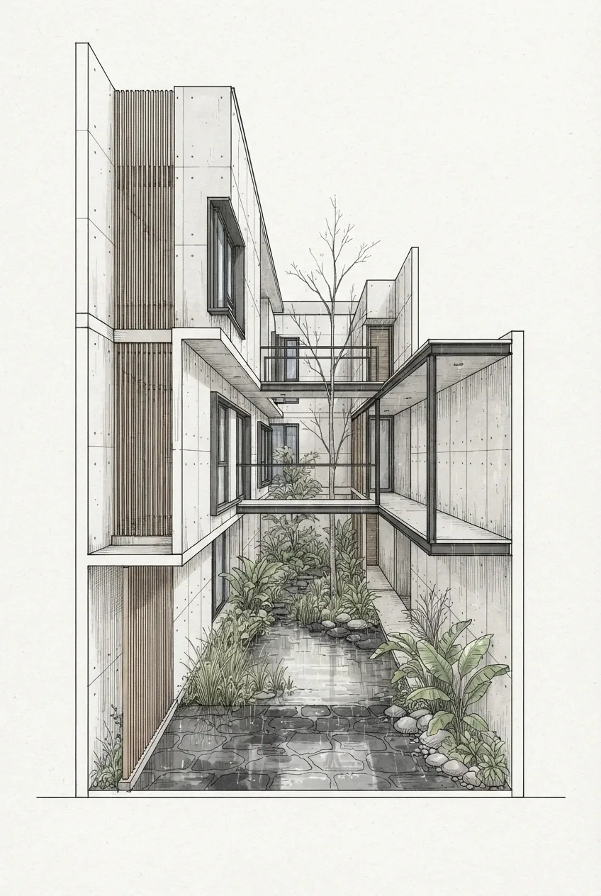 Line art drawing of a narrow contemporary courtyard house with stepped concrete volumes, covered walkways, tropical planting, and a central rain garden in light rain.