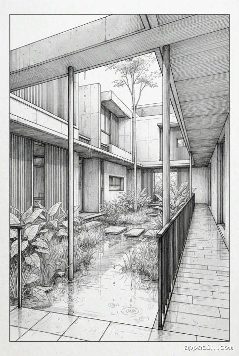 Detailed line art drawing from a covered walkway overlooking the same rain garden courtyard house, showing stepped concrete volumes, tropical plants, wet paving, and layered architectural details.