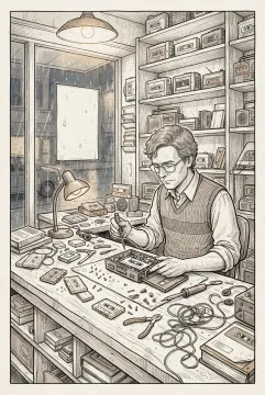 Line art drawing of a 1980s cassette repair technician working behind a wooden counter beside a rain-streaked neighborhood storefront.