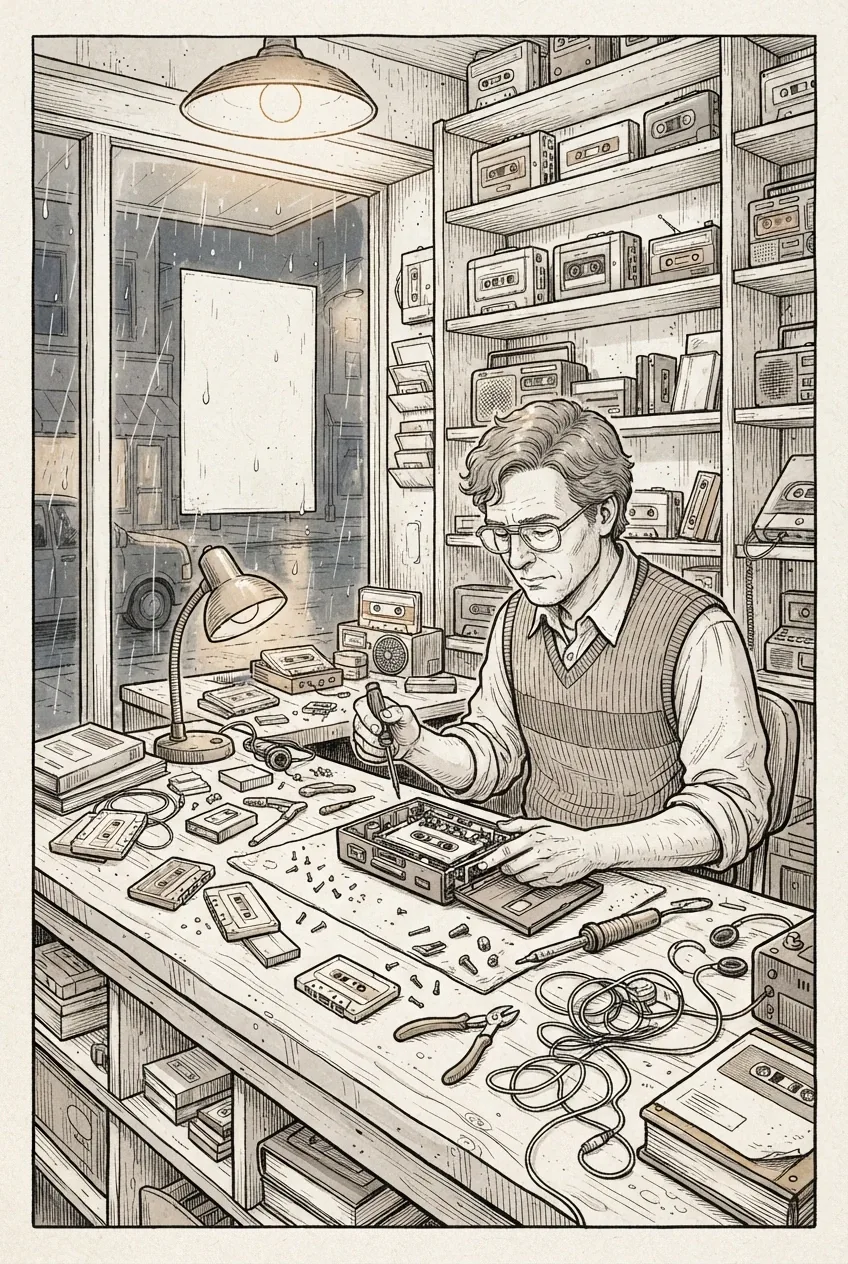 Line art drawing of a 1980s cassette repair technician working behind a wooden counter beside a rain-streaked neighborhood storefront.