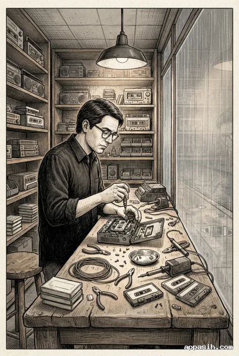 Detailed line art drawing of a 1980s cassette repair technician adjusting a portable tape player at a wooden counter beside a rainy storefront.