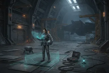 Orbital salvage cartographer in a futuristic pressure suit mapping a derelict starship hangar with a cyan holographic scanner.