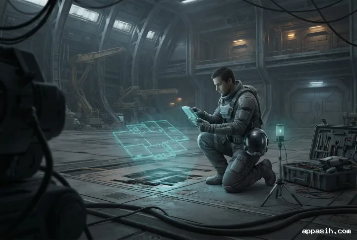 Sci-fi orbital salvage cartographer kneeling beside a sensor beacon while mapping a derelict starship hangar with cyan holographic contours.