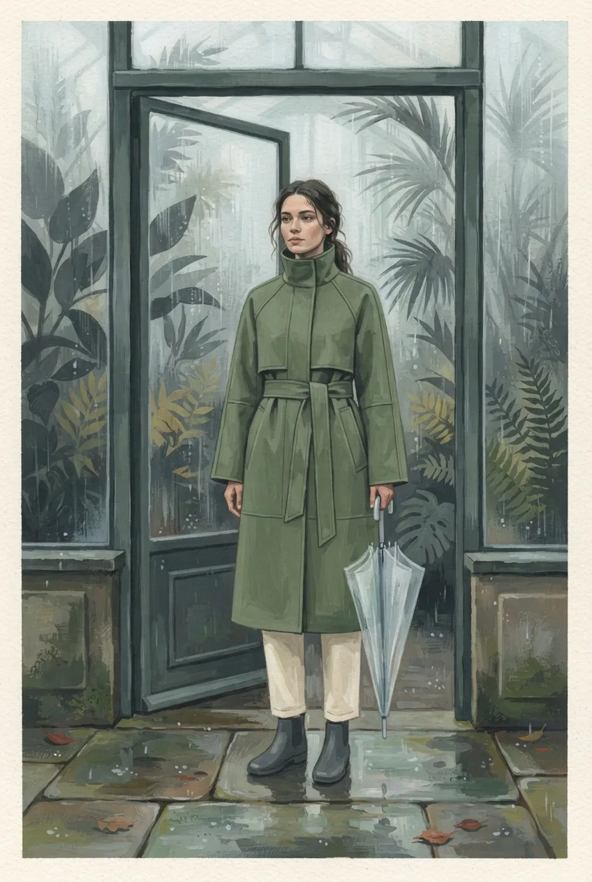 Gouache painting of a fashion model in a moss-green raincoat standing beside a misted glasshouse entrance on wet stone paving.