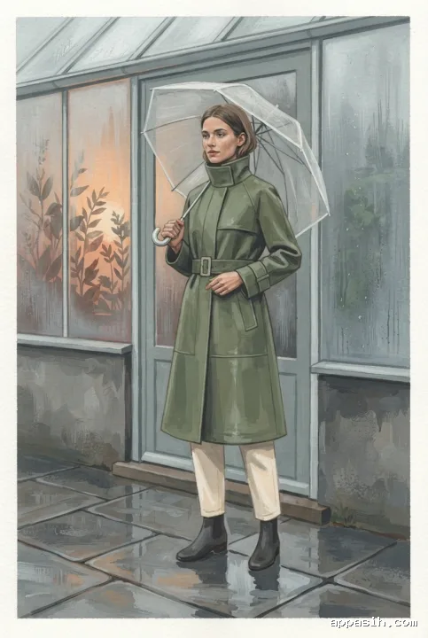 Gouache fashion painting of a model adjusting a moss-green raincoat at a rainy glasshouse entrance while holding a translucent umbrella.