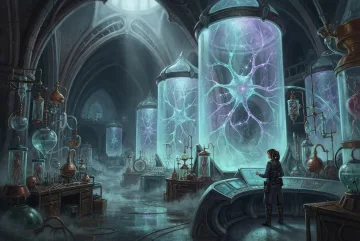 Medical researcher observing glowing neuron-like structures in a fantastical bioluminescent biomedical research chamber.