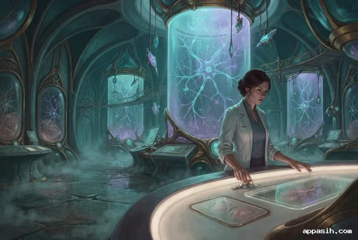Medical researcher adjusting diagnostic equipment beside glowing neuron-like structures in a fantastical biomedical laboratory.