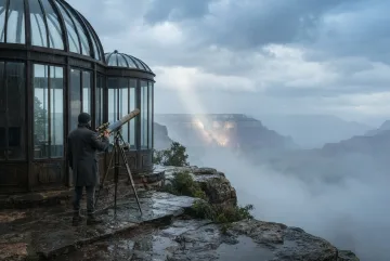 Glass observatory with a lone astronomer and brass telescope overlooking a misty basalt canyon under storm light.