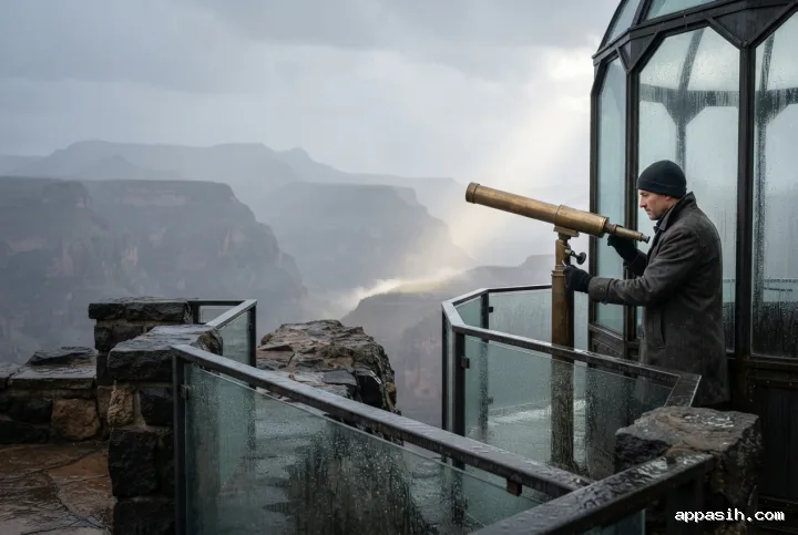 Closer three-quarter view of an astronomer adjusting a brass telescope inside a glass observatory above a rain-soaked misty canyon.