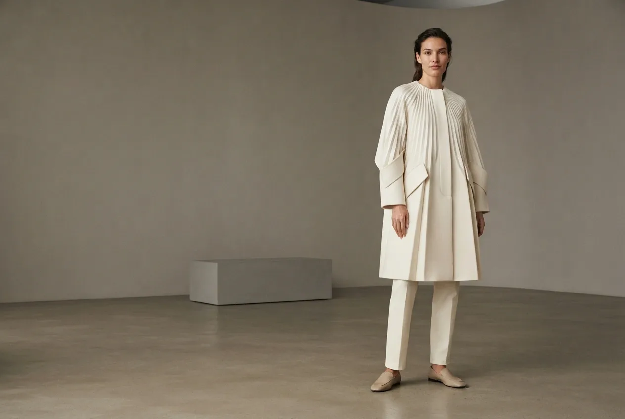 Fashion model wearing an ivory sculptural pleated coat with architectural folds in a minimal photography studio.