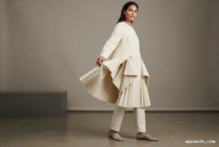 Fashion model lightly lifting the edge of an ivory sculptural pleated coat in a minimal studio with soft directional lighting.