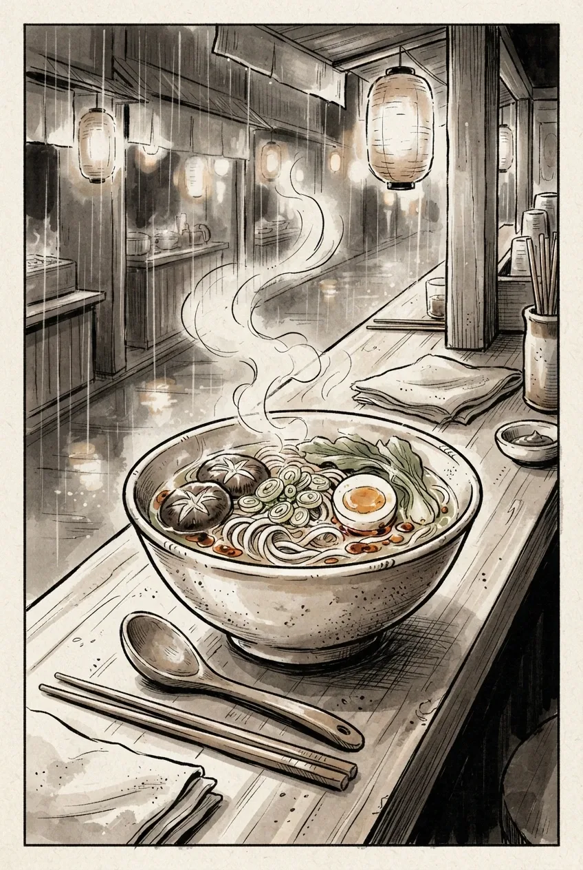 Ink drawing of a steaming hand-pulled noodle bowl with mushrooms, scallions, chili oil, soft-boiled egg, and greens at a rainy street-side noodle counter.