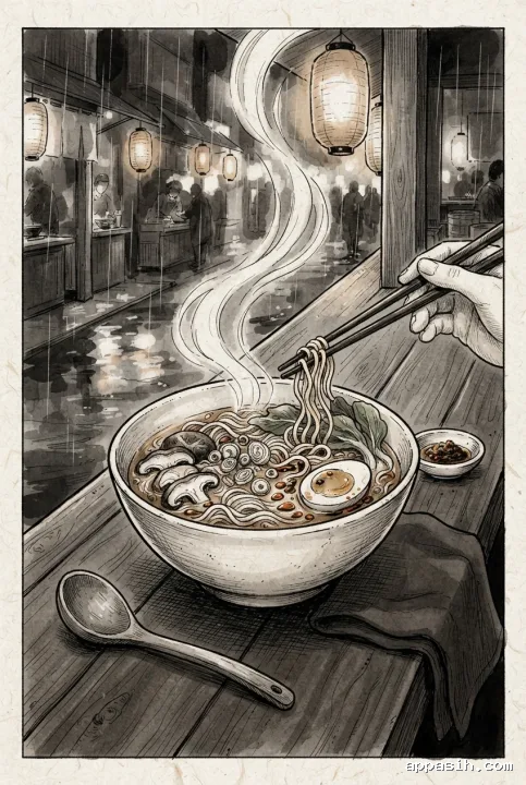Detailed ink drawing of a steaming noodle bowl with mushrooms, scallions, chili oil, soft-boiled egg, and greens as chopsticks gently lift noodles at a rainy street-side counter.