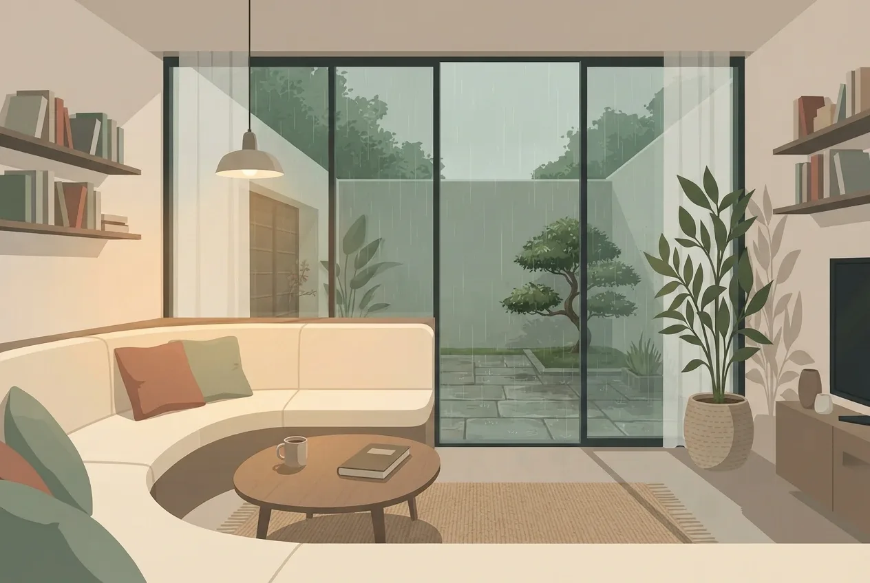 Flat illustration of a cozy reading lounge with a curved cream sofa, wooden table, bookshelves, indoor plants, and a rainy courtyard outside large windows.