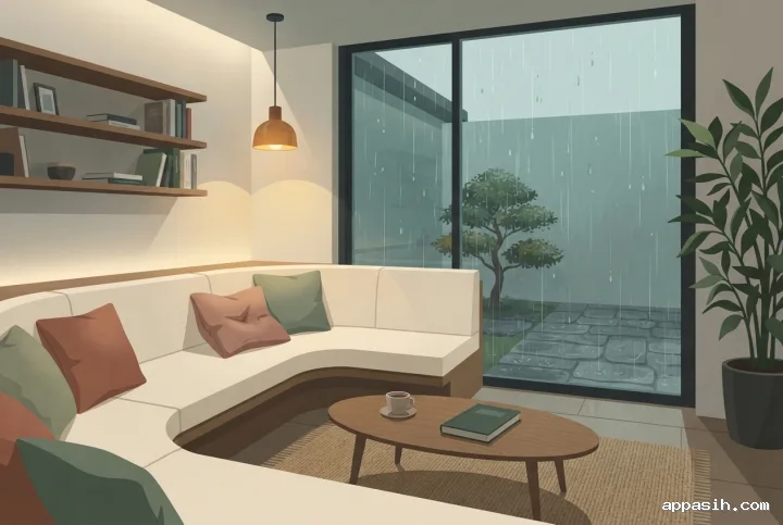 Flat 2D illustration of the same rainy courtyard reading lounge from a closer three-quarter view, with curved seating, warm lighting, wooden table, bookshelves, plants, and raindrops on the window.