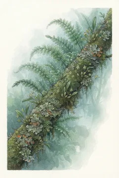 Scientific illustration of moss, epiphytic ferns, miniature orchids, lichens, and dew growing on a cloud forest branch.