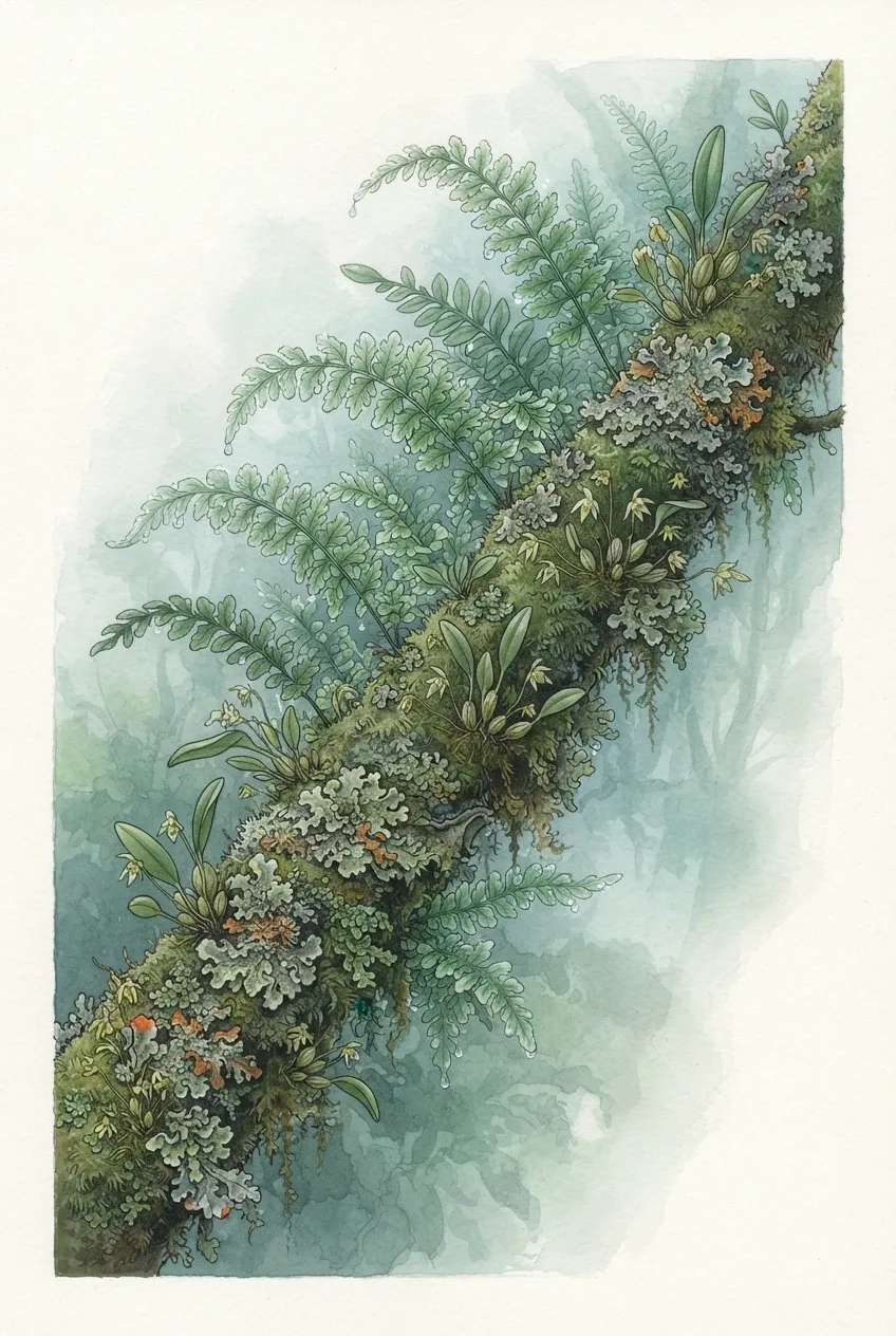 Scientific illustration of moss, epiphytic ferns, miniature orchids, lichens, and dew growing on a cloud forest branch.