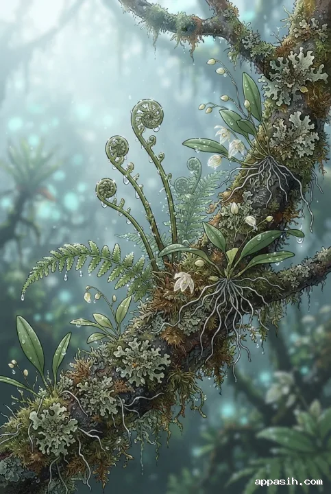 Close scientific illustration of a cloud forest branch with moss, epiphytic ferns, miniature orchids, lichens, roots, and dew droplets.