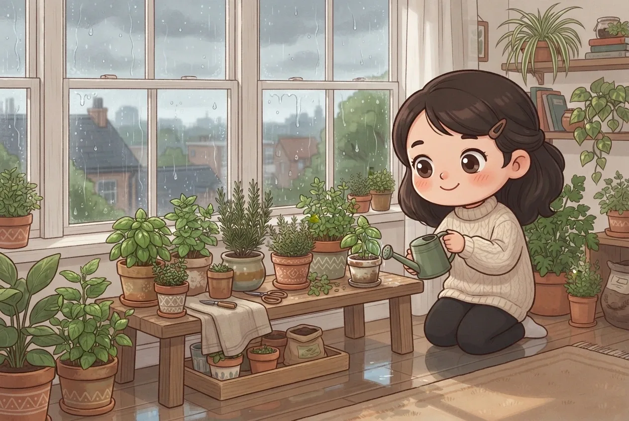 Chibi character watering a small indoor herb garden beside a rain-covered apartment window during a cozy morning routine.