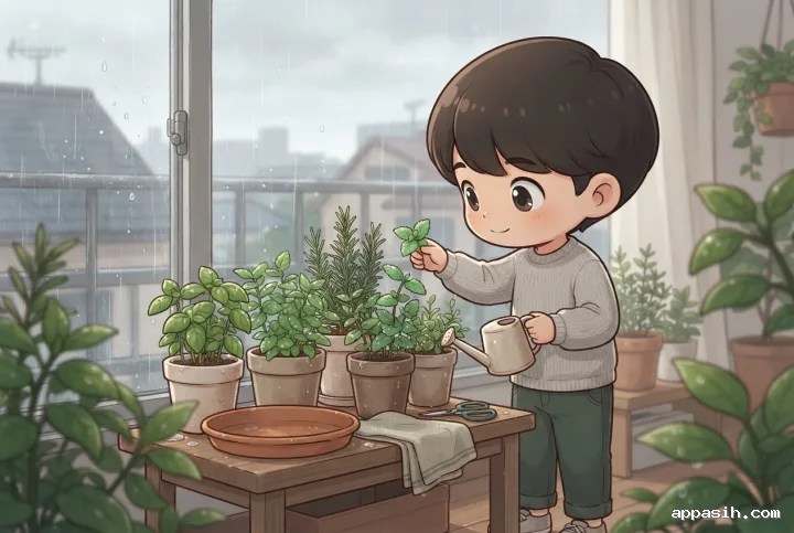 Chibi character checking mint leaves while holding a watering can beside the same indoor herb garden and rainy apartment window.