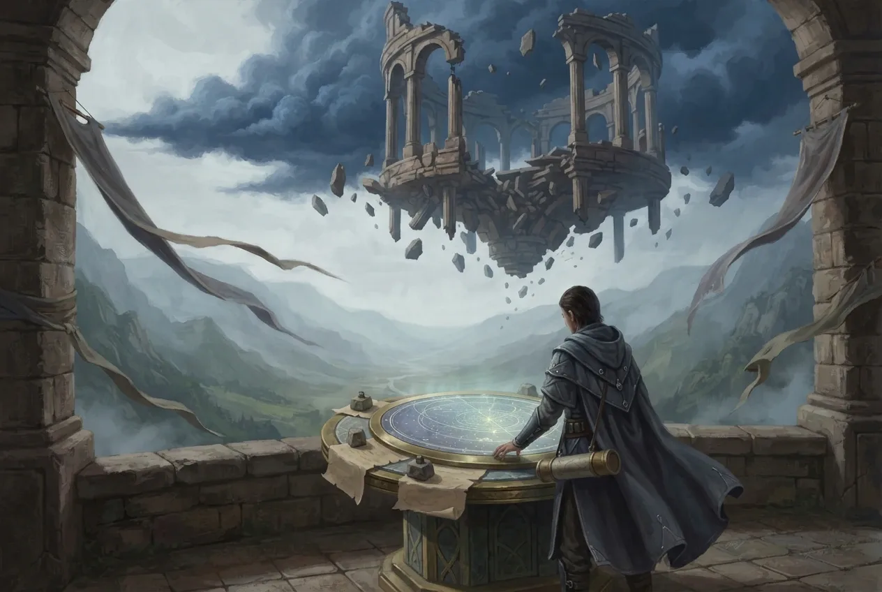 Storm archivist studying a glowing celestial map beneath a floating ruined observatory during an approaching supernatural storm.