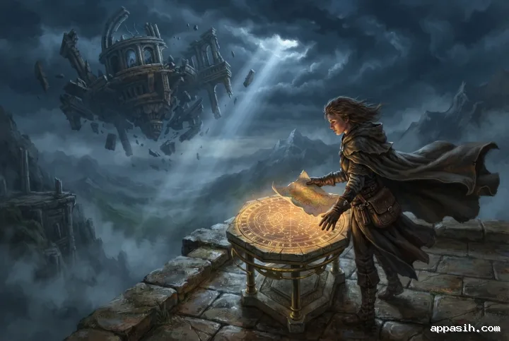 Storm archivist steadying a celestial map on a windswept terrace beneath a floating ruined observatory illuminated by storm light.