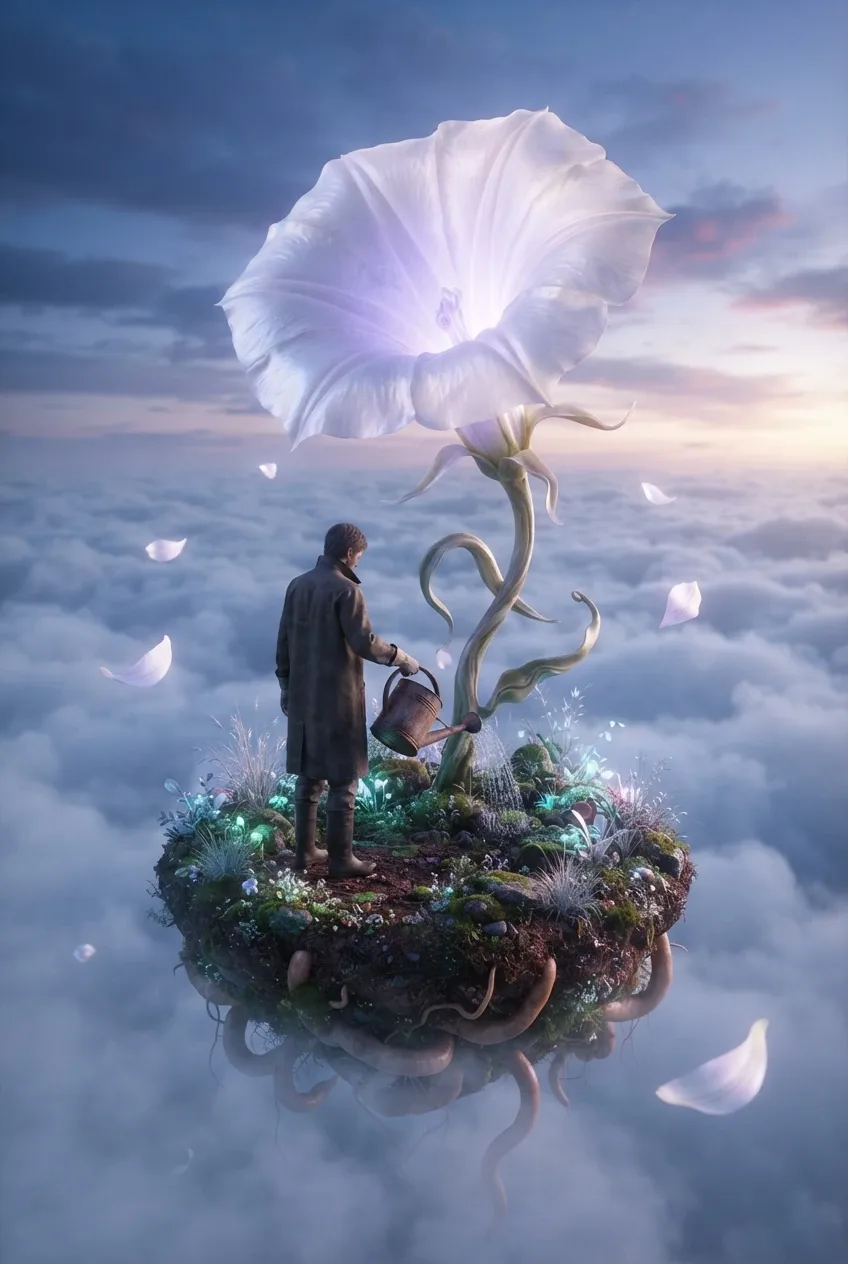 Surreal 3D render of a gardener watering a giant glowing moonflower on a floating garden island above clouds.