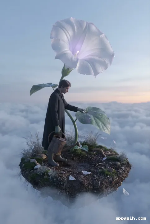 Detailed surreal 3D render of a dream gardener touching a leaf beside a giant luminous moonflower on a floating island above clouds.