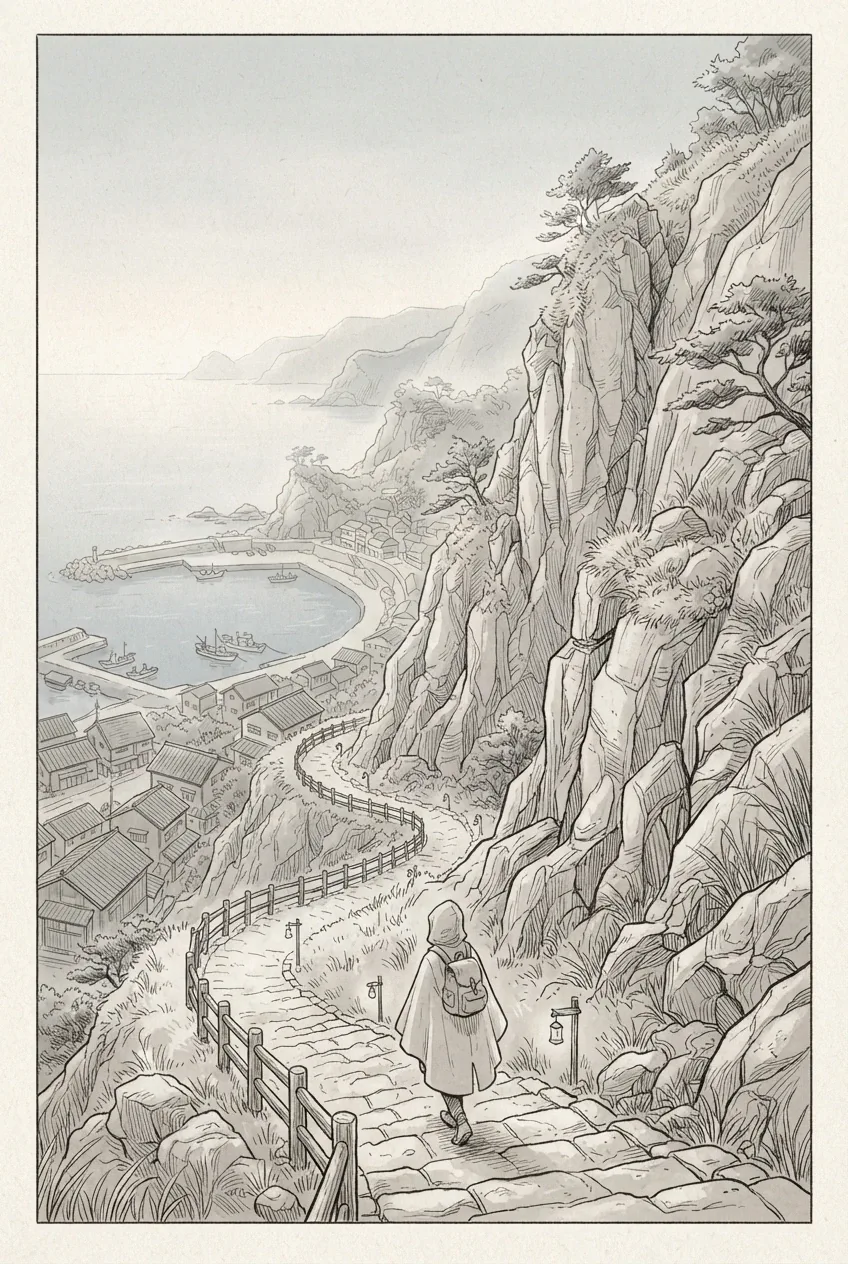 Line Art drawing of a lone traveler descending a lantern-lined cliffside trail toward a misty coastal village and sheltered harbor at dawn.