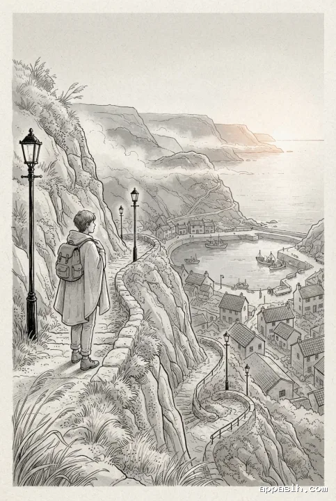 Detailed Line Art drawing from a closer three-quarter rear view of a lone traveler pausing on a lantern-lined cliffside path above the same misty coastal village and harbor.