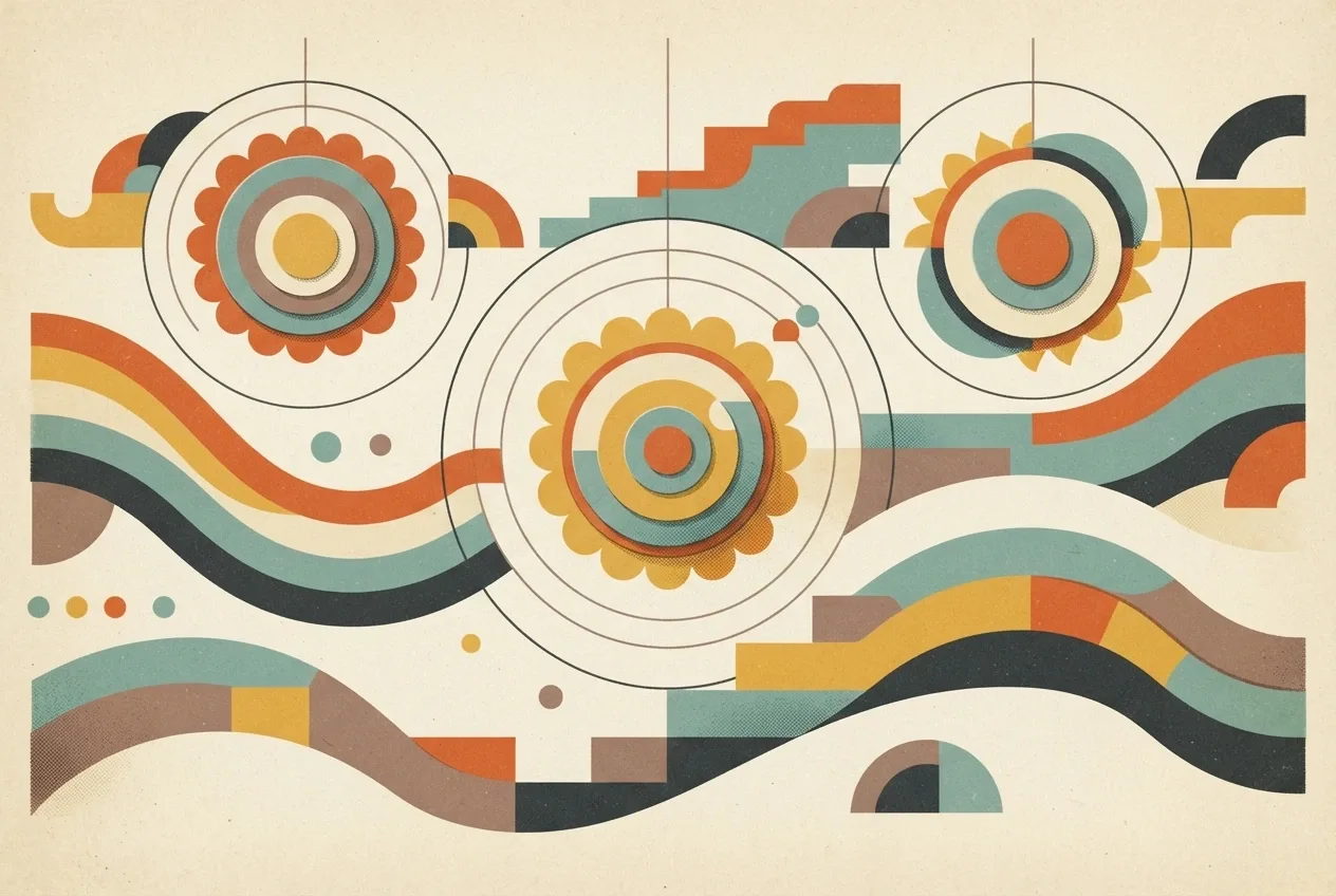 Abstract retro illustration with three layered paper suns, circular orbits, and flowing geometric waves in orange, mustard, teal, cream, and charcoal.