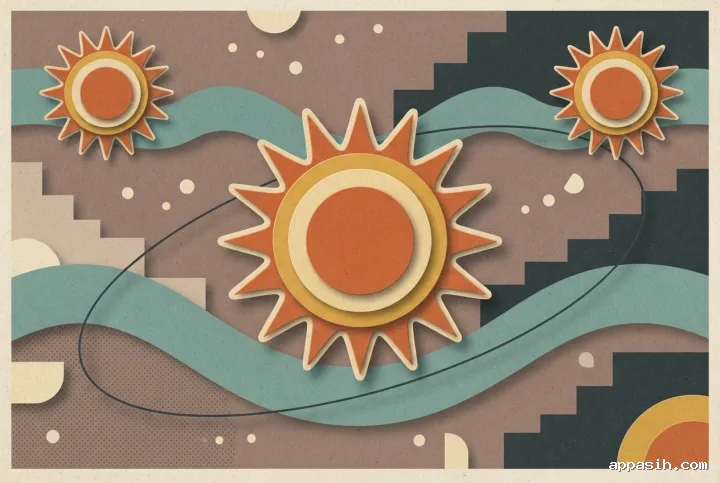 Close landscape view of three retro paper suns with orbital lines and layered geometric waves rendered with vintage halftone and screen-print textures.