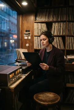Cinematic portrait of a listener in a late-night retro record shop booth with vinyl records, analog audio equipment, warm amber light, and a rain-streaked window.