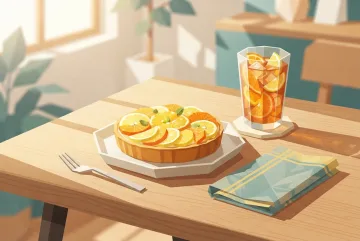 Geometric graphic scene of a citrus tart beside iced tea, orange slices, angular tableware, and sharp sunlit shadows on a café table.