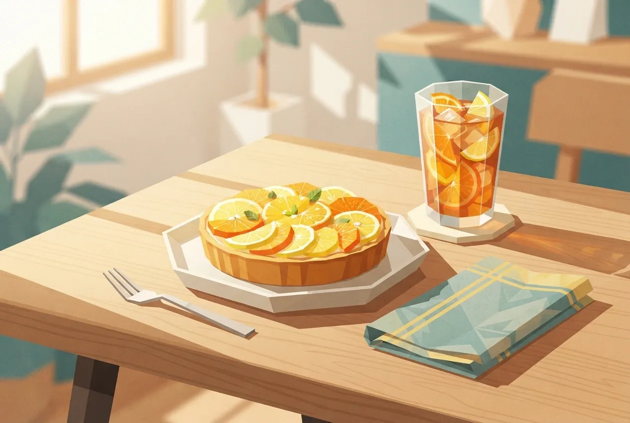 Geometric graphic scene of a citrus tart beside iced tea, orange slices, angular tableware, and sharp sunlit shadows on a café table.