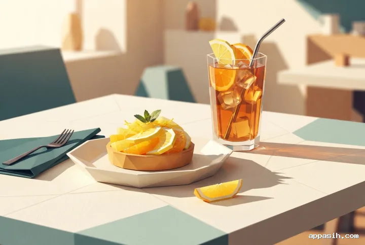 Closer geometric graphic view of a citrus tart and amber iced tea with sliced citrus, angular tableware, and long warm shadows on the same café table.