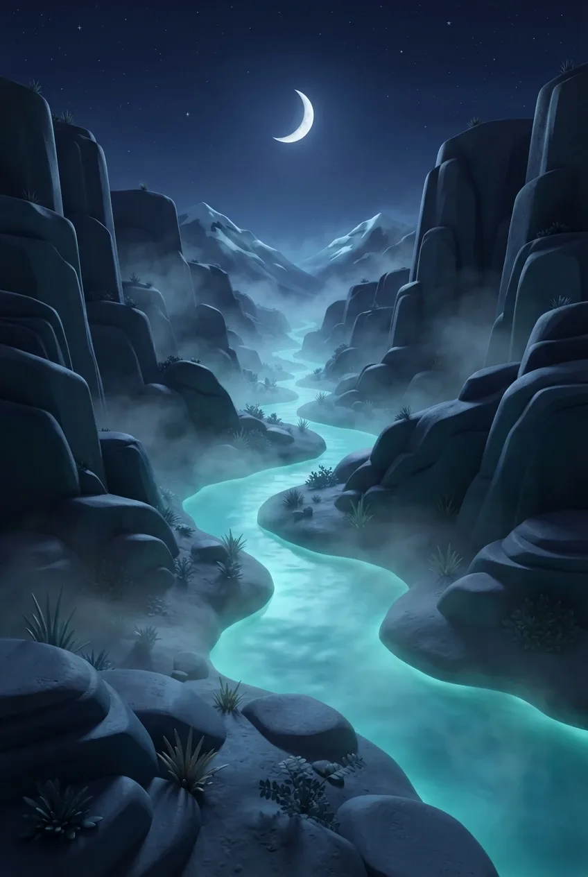 Stylized 3D moonlit basalt valley with a glowing turquoise river winding between dark geometric cliffs and mist beneath a crescent moon.