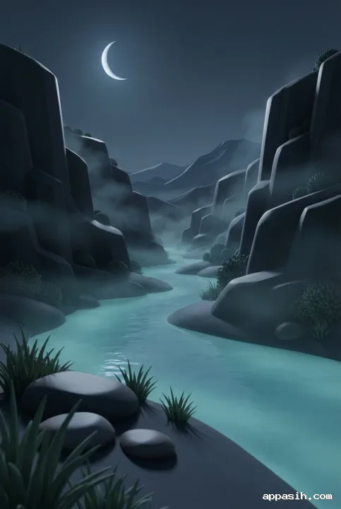 Stylized 3D basalt valley seen from a lower riverbank viewpoint, with a glowing turquoise river, misty geometric cliffs, alpine vegetation, distant mountains, and crescent moonlight.