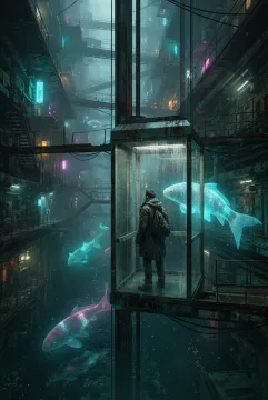 Lone traveler in a transparent elevator surrounded by giant glowing koi inside a flooded cyberpunk atrium.