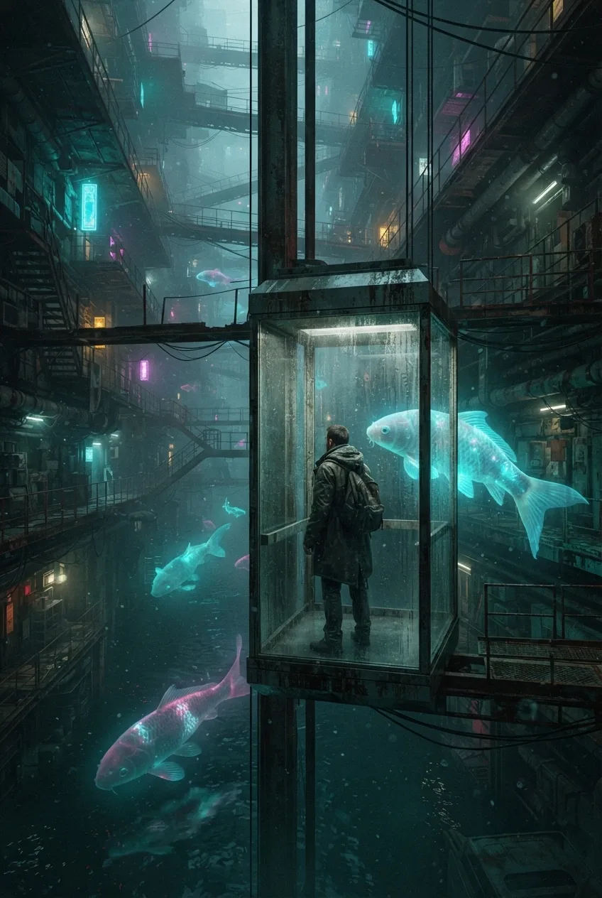 Lone traveler in a transparent elevator surrounded by giant glowing koi inside a flooded cyberpunk atrium.