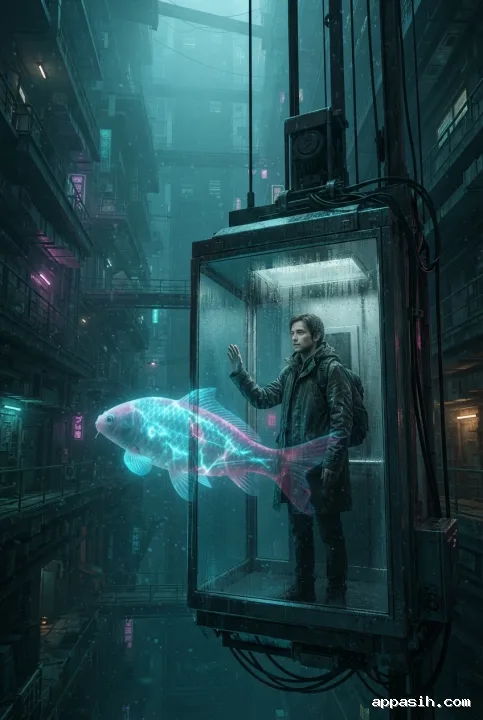 Closer cyberpunk concept art view of a traveler raising a hand inside a glass elevator as a giant luminous koi swims past in a flooded vertical atrium.