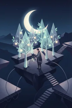 Moon gardener watering translucent geometric prism trees in a floating orchard beneath a crescent moon.