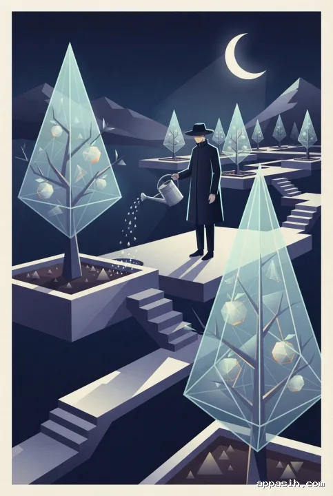 Moon gardener watering a glowing prism tree from a closer three-quarter view in the same floating geometric orchard beneath a crescent moon.