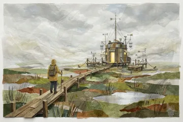 Mixed media concept art of a raincoat-clad field researcher walking toward a weather observatory on a floating marsh above a misty abyss.