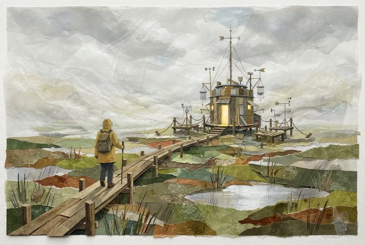 Mixed media concept art of a raincoat-clad field researcher walking toward a weather observatory on a floating marsh above a misty abyss.