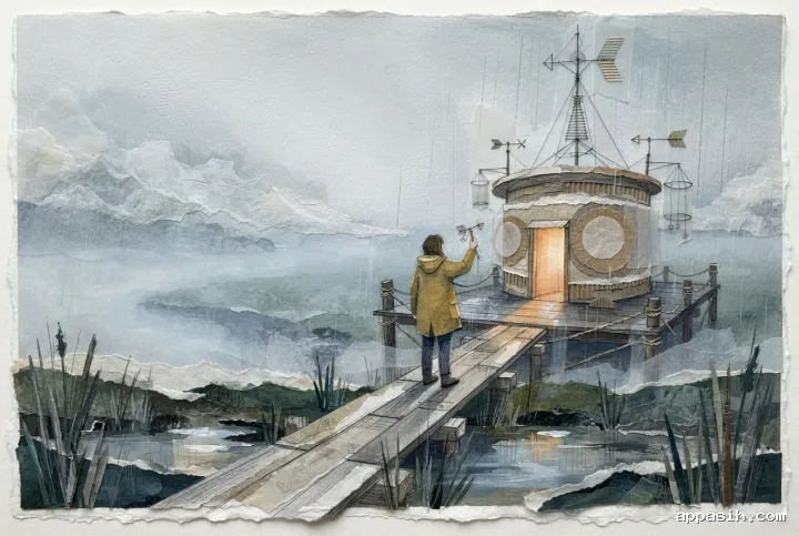 Collage and mixed media concept art showing a field researcher holding a weather sensor near a rain observatory on a floating marsh surrounded by mist.
