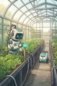 Cartoon robot technician checking a sensor pod among automated irrigation equipment and green plants inside a smart greenhouse.
